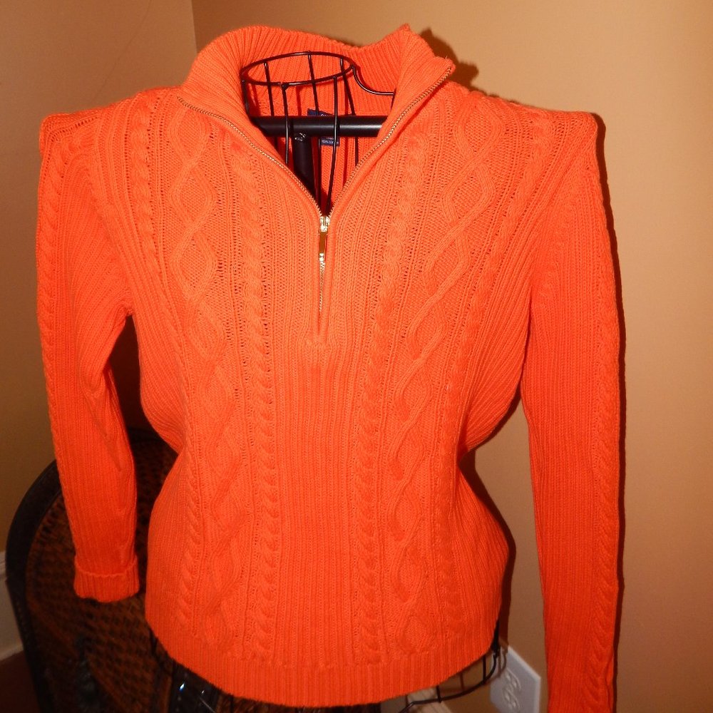Ladies Zippered Neckline CHAPS Sweater ~ Orange ~ Cable Knit ~ Size L - Picture 3 of 5